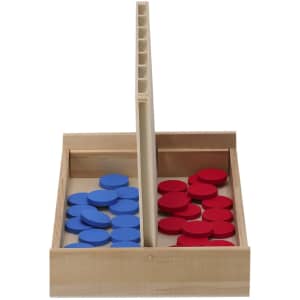 A wooden game set featuring red and blue chips, neatly organised in separate compartments.
