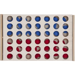 A wooden game board featuring red and blue circular tokens arranged in a grid pattern.
