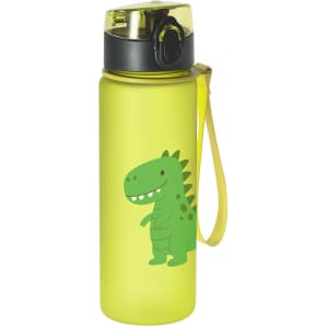 A drink bottle in bright yellow with a green dinosaur illustration and a black lid featuring a carrying strap.