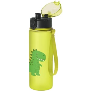 A drink bottle in bright yellow featuring a green dinosaur design, with a flip-top lid and a carrying strap.