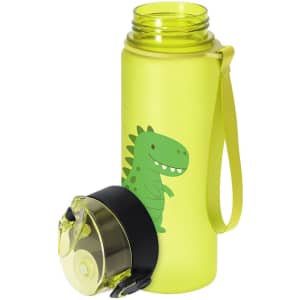 A drink bottle in vibrant yellow, featuring a dinosaur design and a black lid with a straw.