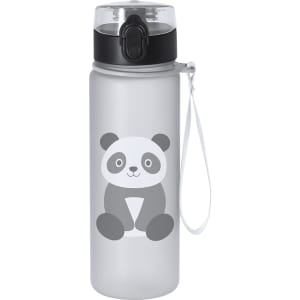 A drink bottle in grey featuring a cute panda design, with a black lid and a carrying strap.