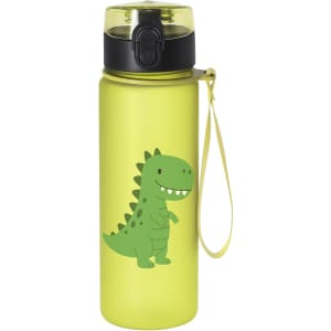 A drink bottle in bright yellow featuring a green dinosaur design and a black spout lid with a carrying strap.