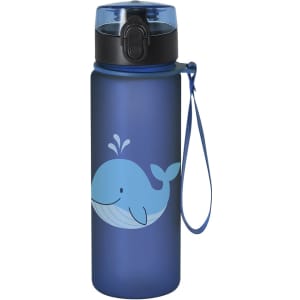A drink bottle in navy blue featuring a cute blue whale design, with a transparent lid and a wrist strap.