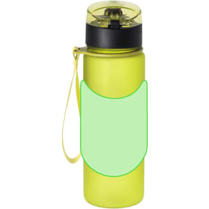 A drink bottle in vibrant yellow with a black lid and a carrying strap, featuring a blank area for custom branding.