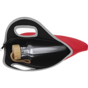 A drink bottle with a bamboo lid is inside a red cooler bag with grey accents and handles.