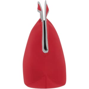 A red cooler bag with a sleek design and grey accents, featuring a zippered opening and a logo.