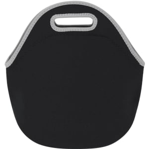 A black cooler bag with a grey trim and a handle for easy carrying. It has a simple, sleek design.