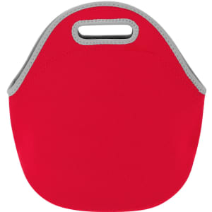A red cooler bag with a grey handle and a smooth surface, featuring a branding logo.