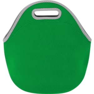 A green cooler bag with grey trim and a handle for easy carrying. It features a simple design and no visible logos.