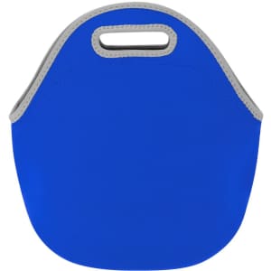 A blue cooler bag with a smooth finish and grey accents, featuring a handle for easy carrying.