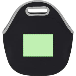 A black cooler bag with grey accents and a rectangular green patch for branding or labels.