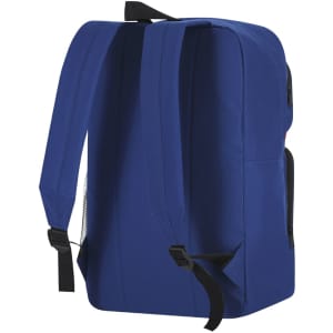 A blue backpack with black straps and multiple compartments, featuring a logo on the side.
