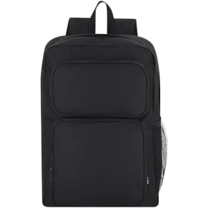 A black backpack with two front pockets and a side mesh pocket. It features shoulder straps and a logo.