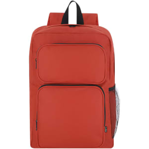 A red backpack with two front pockets, a mesh side pocket, and adjustable shoulder straps. It features a logo.