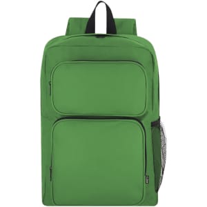A green backpack featuring multiple zippered compartments and a side mesh pocket. It has a logo on the front.
