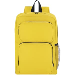 A yellow backpack with multiple zipped compartments and a side mesh pocket. It features a logo on the front.