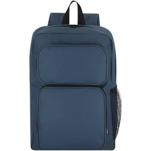 A navy blue backpack featuring multiple zippered compartments and a side mesh pocket. It has a logo on the front.