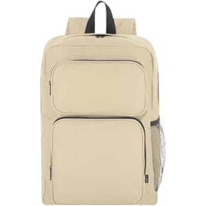 A beige backpack with two front zip pockets and a side mesh pocket, featuring straps and a logo.