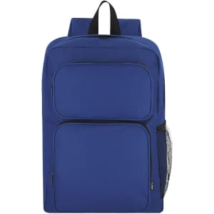 A blue backpack featuring multiple compartments and a side mesh pocket. It has a logo on the front.
