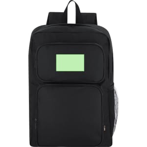 A black backpack featuring multiple compartments, a mesh side pocket, and a branding logo.