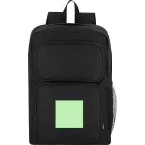 A black backpack with multiple compartments, featuring a square space and a side mesh pocket. It has a logo.