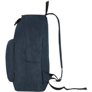 A navy blue backpack with a side pocket and adjustable straps, featuring a logo.