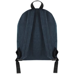 A blue denim backpack with black straps and a simple design, featuring a logo on the back.
