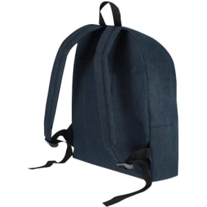 A navy blue backpack with black straps and a simple design, featuring a branding logo.