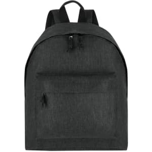 A dark grey backpack with a front pocket and adjustable straps, featuring a subtle logo.