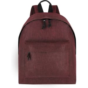 A maroon backpack featuring a front zip pocket and two shoulder straps. Includes branding on the front.