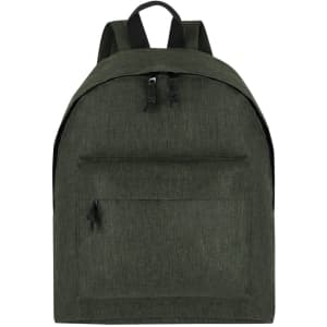 A green backpack with a front pocket and adjustable straps, featuring a simple design and branding.