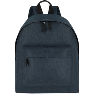 A dark blue backpack with a front pocket and adjustable straps, featuring a logo.