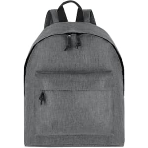 A grey backpack with a front pocket and two shoulder straps, featuring branding.