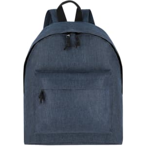 A blue fabric backpack with adjustable straps and a front zip pocket, featuring a logo.