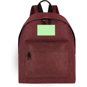 A maroon backpack with a front zip pocket and a logo. It features two shoulder straps for carrying.