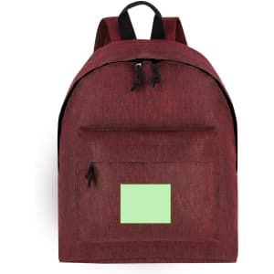 A maroon backpack featuring a front pocket and a logo. It has adjustable shoulder straps and a textured finish.