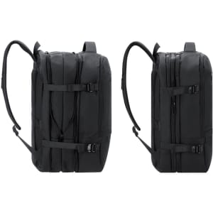A black backpack featuring multiple compartments, adjustable straps, and a simple design with a logo.