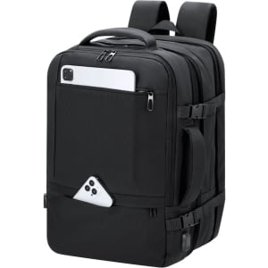 A black backpack featuring multiple compartments, a top handle, and a pocket for a phone on the front.