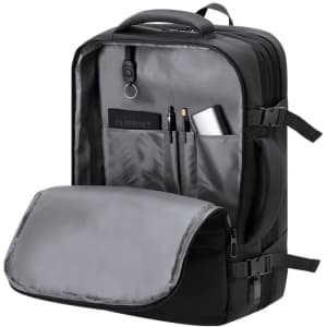 A black Forin Backpack with multiple compartments, including a grey front pouch and pockets for pens and a drink bottle.