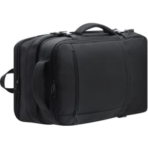 A black backpack featuring multiple compartments and handles, with a sleek, minimalist design.