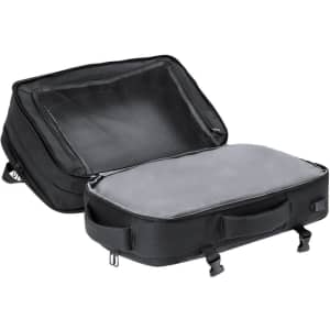 A black Forin Backpack with an open compartment showing a spacious interior and a handle. It features a logo on the front.
