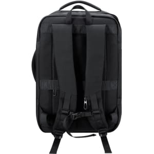 A black backpack with padded shoulder straps and multiple compartments. Features a sleek design and a logo.