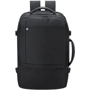 A black backpack with a front pocket, adjustable straps, and a side handle, featuring a branding logo.