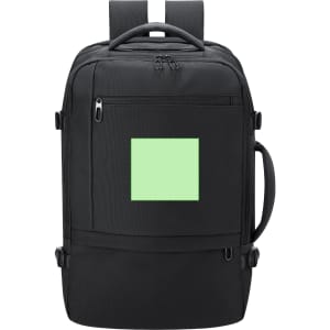A black backpack featuring a front pocket and a green square area. The bag includes a handle and two shoulder straps.
