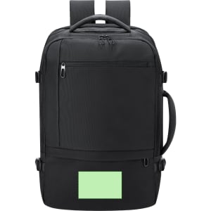 A black backpack featuring multiple compartments, adjustable straps, and a handle, along with a light green logo area.