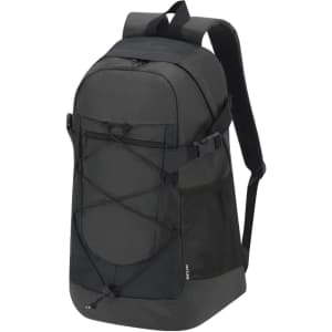 A black backpack with a mesh side pocket and elastic cord detailing, featuring padded shoulder straps and a logo.