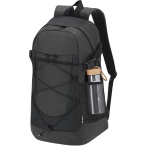 A black backpack featuring a mesh side pocket for a drink bottle and a sleek, minimalist design.