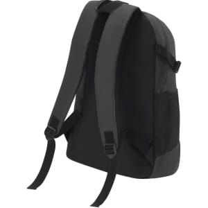 A black backpack with adjustable straps and side pockets, featuring a simple design and a logo.