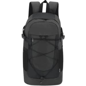 A grey backpack with adjustable straps, multiple compartments, and a front bungee cord feature. It includes a logo.